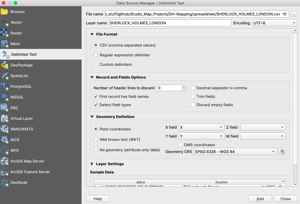 Add Delimited Text Layer Form