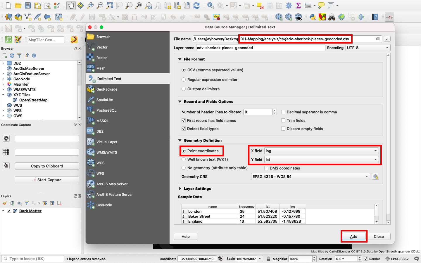 Add Delimited Text Layer - Step 2